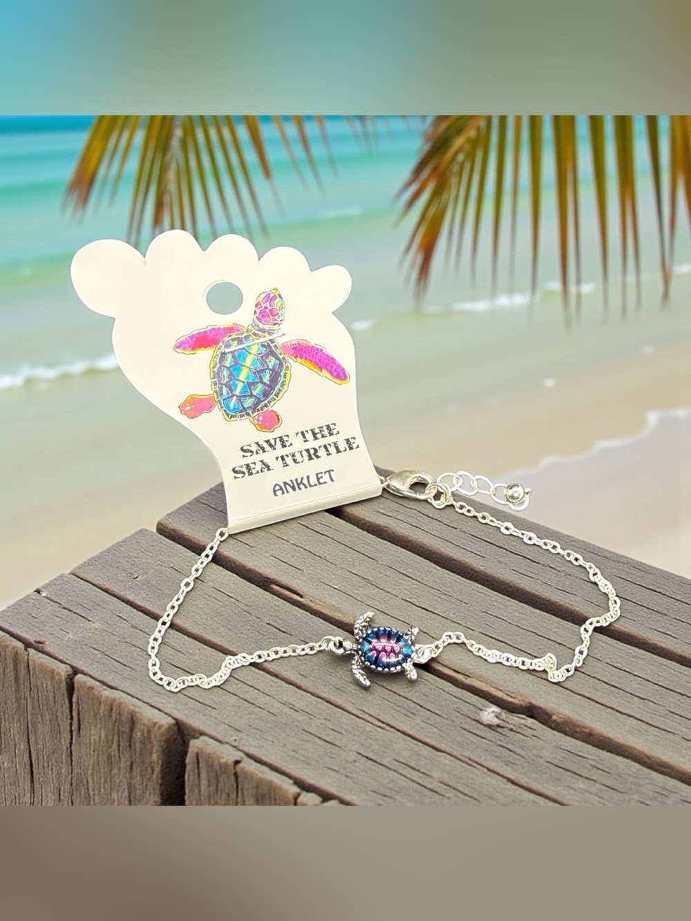 💜💙SAVE THE SEA TURTLE💜💙Silver-Tone Anklet with Purple & Blue Sea Turtle/NIP